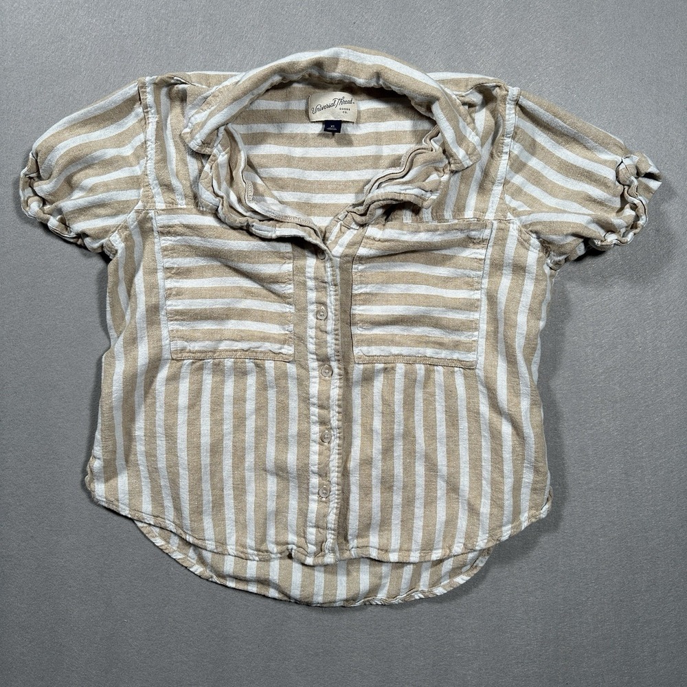 Universal Thread Womens XS Tan White Striped Linen‎ Blend Button Front Shirt